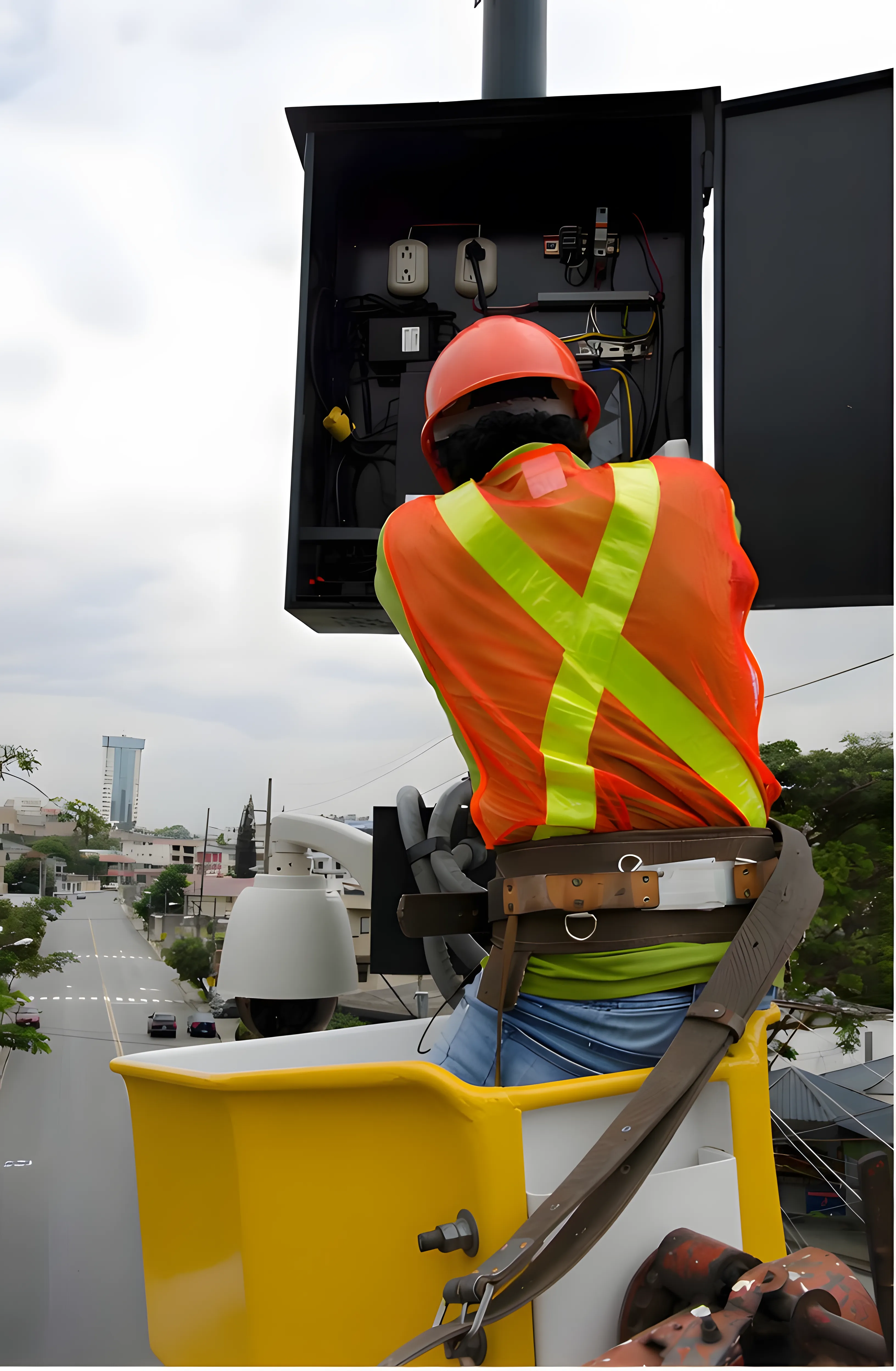 DILEXSA technician working at height in Guayaquil installing security cameras